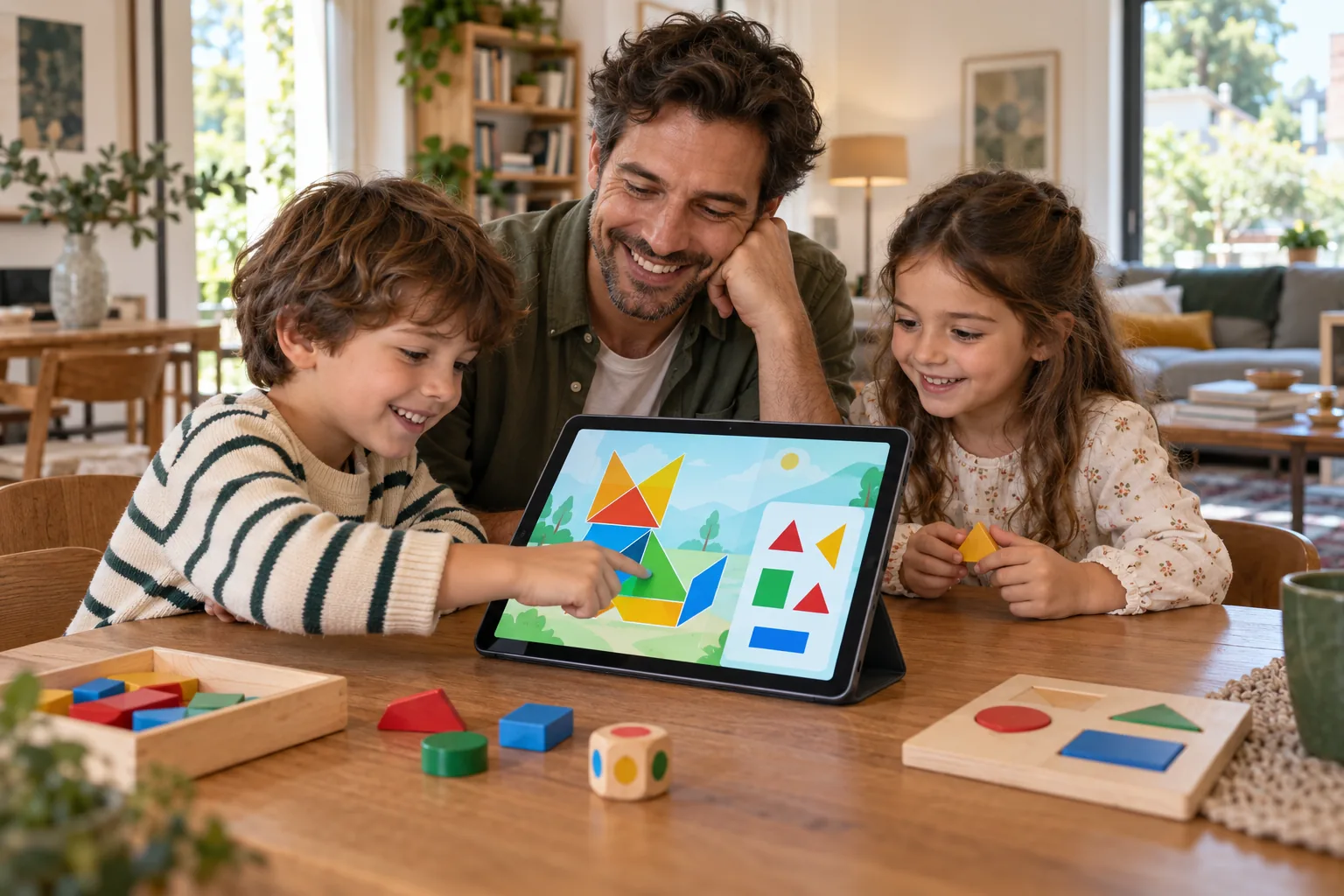 Un papà e due bambini scelgono insieme un’attività sul tablet, accanto a un gioco da tavolo.