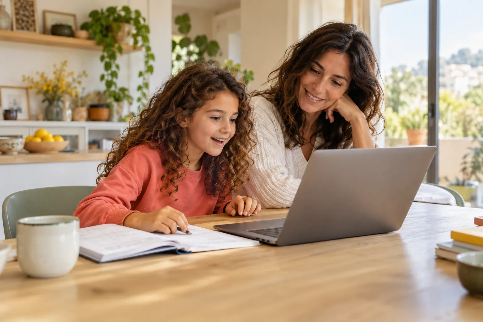 Una bambina scopre qualcosa al computer insieme alla mamma, con un quaderno aperto sul tavolo.