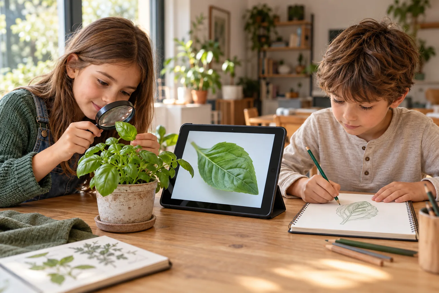 Due bambini osservano una piantina e confrontano le foglie con un’immagine sul tablet.